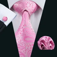 Fast Shipping Ties Paisely Pink Mens Set Hankerchief Cufflinks Jacquard Woven Business Formal Work Neck Tie Set Wedding N-0379