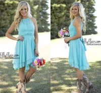 Plus Size Country Style Turquoise Bridesmaid Dresses Crew Neck Ruffled Chiffon Mini Dress Beach Wedding Party Dresses CPS575