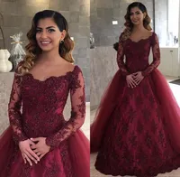 Burgundy Illusion Lace Long Sleeves Evening Dresses with Removable Skirt Arabic Long Prom Party Gowns Vestidos De Fiesta