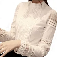 2015 весна осень женщина белые блузки плюс размер женская блузка элегантный кружева крючком полые тонкий высокое качество шифон блузки блузки рубашки