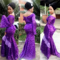 2019 Africano Nigeriano Vestidos De Noite Roxo Aso Ebi Lace Styles Off Shoulder Peplum Sply Sleeves Longo Mermaid Prom Vestidos Formal Vestidos