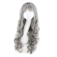 WoodFestival Grey perruque avec une frange soignée longue bouclée Synthétique Wavy Wavy Wivs Grand-Mère Grey Cheveux Femmes