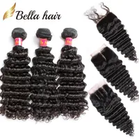Bella Hair® 8a إغلاق الدانتيل مع حزم الشعر البرازيلي نسج لحمة اللون الأسود موجة عميقة ملحقات رأس كامل