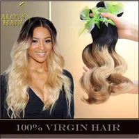 4PCs Ombre Brasilian Body Wave Virgin Human Hair Weave Bundlar 2 Två Tone 1b / 27 # Honey Blonde Ombre Brasilianska Human Hair Extensions