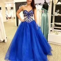 2018 Una linea Royal Blue Evening Dress economici Sweetheart Organza di perline Bling cristalli lunghi principessa Designer Prom abiti da cerimonia abiti