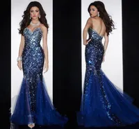 2015 Hot Mermaid Sweetheart Open Back Crystals Beaded Sequined Diamond Organza Prom Gown Royal Blue Evening Klänningar med Crystal