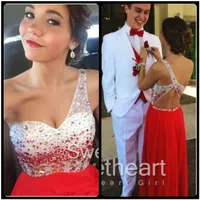 Hermosa 2016 de un hombro con cuentas brillantes vestidos de baile una línea de gasa roja largos vestidos de noche para el vestido de fiesta formal