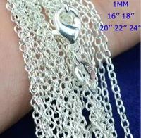 100pcs /lot 925 Sterling Silver plating Rolo &quot; O &quot; Chain Necklaces 1mm 16/18/20/22/24&#039;&#039; 925 Silver Chains Fit Pendant Jewelry