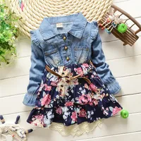 Bebek Kızlar Için 2018 Sonbahar Denim Elbiseler Yeni Varış Kore Marka Tatlı Kaliteli Büyük Çiçek Toddler Küçük Kızlar Çiçek Elbiseler Perakende