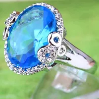 2020 Kobiety A0068 Bridal Party Biżuteria Pierścionki 18x12mm Rhinestone Blue Oval Cut Morganite White Topaz Gemstone 18k Biały Pozłacany pierścieniowy rozmiar9