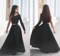 Elegante zwarte tweedelige meisje Pageant jurken 2018 enkele lange mouw een lijn lange kinderen trouwjurk bloem meisje jurk eerste Comunion