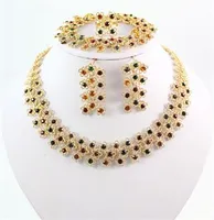 Gloednieuwe mode unieke ontwerp 18K vergulde kleurrijke kristallen verklaring ketting armband oorbel ring bruiloft sieraden sets