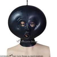 Black Sexy Inflatable Latex Hood With Mouth Tube Transparent Eyes Cover Zipper At Back Rubber Masks 0126