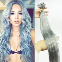 #Grey Klipler Saç Uzantıları Gümüş 120gram Klip Insan Saçında Perulu Düz Klip Insan Saç Uzantıları