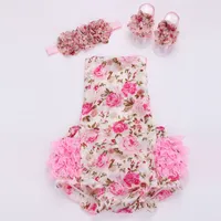 Hot Sale !!! Floral Baby Lace Romper voor Peuter Hoofdband Schoenset; Ropa Bebe Boutique baby zomerkleding; pasgeboren baby meisje kleding 2sets /
