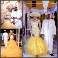 Afrikaanse traditionele trouwjurken Nigeria gouden bruidsjurken 2019 Crystal Beads Sheer Tulle Lange Mouwen Mermaid Bridal Jurk Plus Size