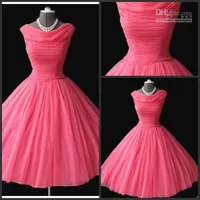 Real Sample 1950&#039;s Vintage Bateau Bridesmaid Dresses Tea-length Puffy Ball Gown Water Melon Chiffon Short Prom Dresses Evening Gowns