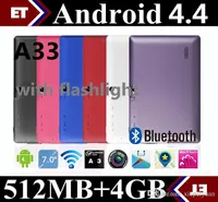 7インチA33クワッドコアのタブレットAllwinner Android 4.4 Kitkat静電容量素子1.5GHz 512MB RAM 4GB ROM WiFiデュアルカメラ懐中電灯TA2