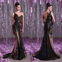 2019 Toumajean Couture Mermaid Evening Dresses Sheer Backless One Shoulder Beaded Prom Gowns Floor Length Tulle Appliques Party Dress