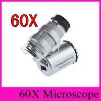Microscópio 60X Joalheiro Lupa Lupa Lupa 60 X Mini Lupas de Bolso Microscópios com Luz LED + bolsa de couro 2018 vendas Quentes