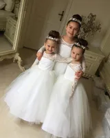 2019 wit eerste communie jurken puffy lace enkel lengte tule lange mouwen bal jurk prinses bloem meisje jurken verjaardagsspecialet