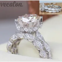 Vecalon 2016 vintage compromiso anillo de banda de boda conjunto para mujeres 3ct Simuled Diamond CZ 925 Sterling Silver Party Ring