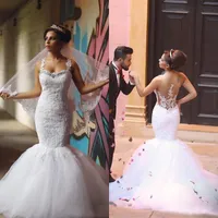 Arabo 2016 ha detto Mhamad pizzo e tulle abiti da sposa sirena sexy illusione applique in rilievo di cristallo lunghi abiti da sposa su misura en71513