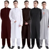 Yeni 2017 Müslüman Erkekler Uzun Kollu Thobe ile Pantolon İslam iki adet Giyim Suudi Arab Moslim Jurk Giyim Mens Kaftan Thobe set