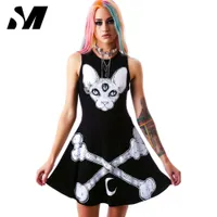 Großhandels-Neuheit Harajuku Kleid 2016 Punk Schwarz Kleider Frauen Skeleton Druck Sommer Ärmelloses Kleid Vestidos Rock Roll Stil SM4D048