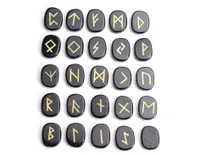 25 stycken naturlig svart obsidian snidad kristall reiki helande palmstenar graverade hedniska bokstäver Wiccan Rune stenar set med en fri påse