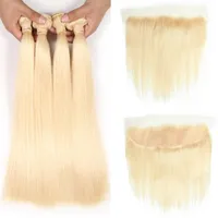 Brasilianska Virgin Hair Silk Rak 4 Bundlar med Förslutning 613 Blond Hårbuntar Med Front Öron Till Öron Lace Frontal Brasilianska Virgin Hair