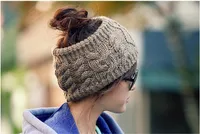Женщины хвост шапки трикотажные волос группа мода девушки зима теплая шляпа пустая голова пони хвост осень повседневная крючком шапочки черепа шапки