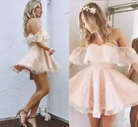 2017 Curto fora do Ombro Blush Rosa Júnior Vestidos Homecoming Elegante Ruffles Querida Organza Puffy Cocktail Party Vestidos