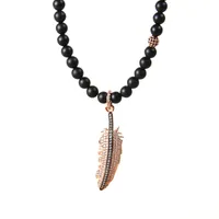 New Fashion Jewelry Wholesale 5pcs/lot 6mm Natural Matte Agate Stone With Micro Pave Full Cz Feather Men&#039;s Pendant Necklace