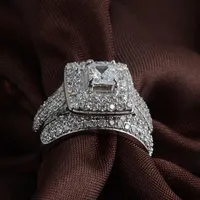 Real Fine Tre Stone Rings Princess Cut 14kt Vitguld Fylld Full Topaz Gem Simulerad Diamond Kvinnor Bröllop Förlovningsring
