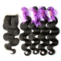 5Pcs Lot Cambodian Body Wave Hair With Closure Grade 8A Unprocessed Human Hair Weave 4 Bundles Add Top Lace Closures Natural Color Dyeable