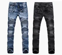 Fashion Men&#039;s foreign trade light blue black jeans pants motorcycle biker men washing to do the old fold men Trousers Casual Runway Denim