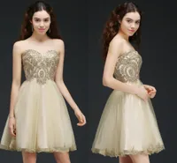 2018 Nieuwe Goedkope Kant Beaded Short A Line Homecoming Jurken Champagne Sweetheart Lace Up Cocktail Party Gowns Mini Prom Dresses CPS665
