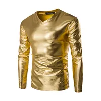 Erkekler T-Shirt Parlak Metalik Tees V Boyun Uzun Kollu Gece Parti Erkek Clubwear Yarış Araba Sürücü Kostüm Tops
