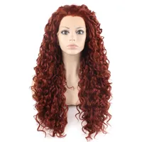 Parrucca anteriore in pizzo sintetico con capelli ricamati in fibra resistente al calore rosso borgogna lunga 26 pollici