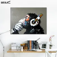 Gorila escuchando la música - 100% pintura al óleo hecha a mano en la lona Decoración divertida de la pared unframe dormitorio de la pared animal