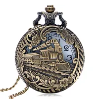 Tren de Bronce de la vendimia tallada Steampunk engranajes reloj de bolsillo de cuarzo esqueleto colgante hombres reloj collar de cadena regalo