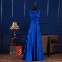 Scoop Neck Lace Satin Evening Dresses Long Royal Blue Burgundy 2020 Golvlängd Brudtärna Klänning Abendkleider