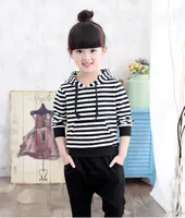 2016 Baby Girl Striped Odzież Zestawy Jesień Wiosna Marka Dzieci Garnitury Spodnie Kapturem Spodnie Cartoon Kot Dzieci Twinsets