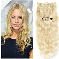 7a 613 # Lätt blond Remy Clip In Human Hair 70g 100g 120G 140G 160G 180G 7/8 / 10PCS Virgin Brazilian Body Wave Clip i hårförlängningar