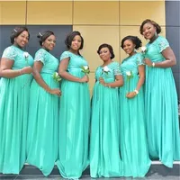 Mint Green Plus Size Bruidsmeisjes Jurken Lang 2019 Zuid-Afrikaanse Goedkope Prom Jurken Korte Mouwen Maid of the Honor Jurken voor Wedding Party