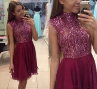 New Short Homecoming Dresses High Neck Cap Sleeves Crystal Beaded Burgundy Chiffon Party Graduation Dresses Plus Size Cocktail Gowns