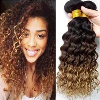 Peruvian Deep Curly Wave 1B 4 27 Honey Blonde Ombre Human Hair 3Pcs Three Tone Human Hair Weave Cheap Peruvian Human Hair Bundles