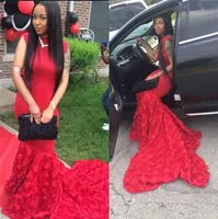 African Evening Prom Dresses 2019 Nowa Czerwona Mermaid 3D Kwiat Backless Chapel Train Long Party Dress Plus Size