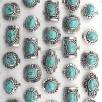 Gloednieuwe vintage turquoise stenen ringen gemengd ontwerp verstelbare antieke Tibetaanse zilveren ringen gratis verzending 50 stks groothandel